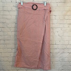 Cotton On Pink and white check paper bag style faux wrap midi skirt w/ belt